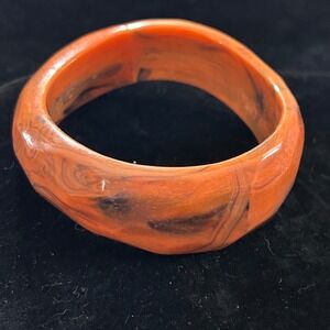 Vintage Orange Marbled Lucite Bangle Bracelet Faceted Retro Statement
